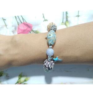 Multicolor Beaded Stretch Bracelet Religious Floral Theme